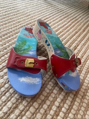 Original Dr. Scholl’s Hand Painted Wood Exercise Sandals Size 8 Iconic Americana